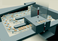 Fig. 1—In the electronic pasteurization system, a conveyor moves packaged food products into the treatment area and through the electron beam or X-ray beam, then returns them to the product handling area