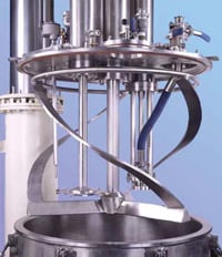 The Vertical Helical Agitator promotes excellent top-to-bottom and radial circulation throughout the batch in a Ross Multi-Agitator Mixer.