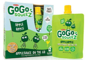 All natural GoGo squeeZ is a squeezable applesauce in a resealable stand-up pouch.