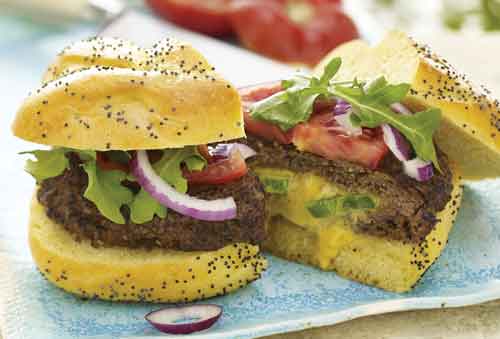 Hamburger stuffed with chili peppers and cheese.