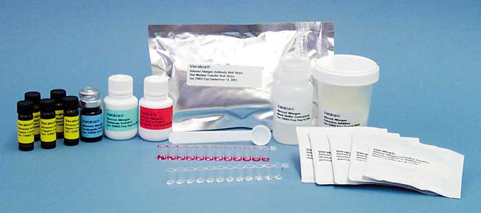 The Veratox Almond Allergen test kit from Neogen is a quantitative microwell ELISA. Each test kit contains antibody-coated wells with antibodies specific to almond protein. 