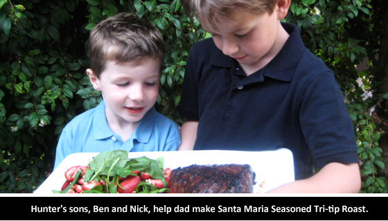 Hunter's sons, Ben and Nick, help dad make Santa Maria Seasoned Tri-tip Roast with a salad.