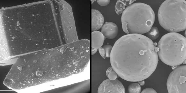 Sugar crystals (left) hollow spheres (right)