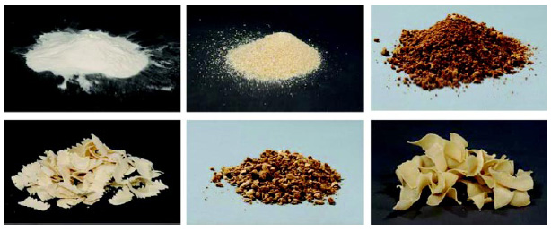 Fig. 2— Newer texturized whey protein products include powders and crumbs (top) and ribbons and chunks (bottom).
