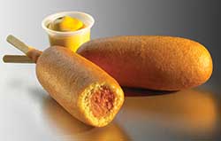 Gluten-free batter for corn dogs uses corn meal in place of wheat flour and corn bran for fiber.