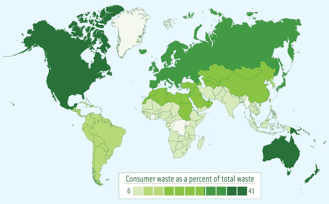 Figure 2. Food waste and loss varies by country and commodity. Global waste by consumers as a percent of total regional food loss.  Map © cienpies/iStock/Thinkstock 