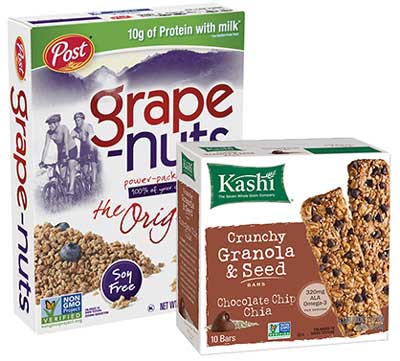 Grape-nuts cereal and Kashi Granola & Seed bars