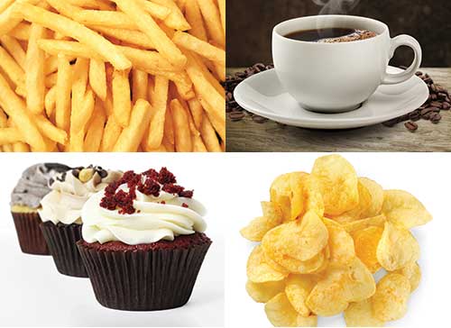French fries, coffee, cupcakes and potato chips