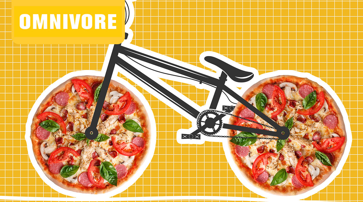 Omnivore logo. Bicycle with pizza wheels.