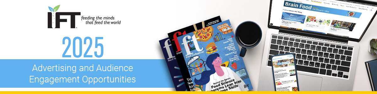 IFT 2025 Advertising and Audience Engagement Opportunities. Food Technology magazines, a laptop showing Brain Food Blog, a smartphone with ads, and a mug.