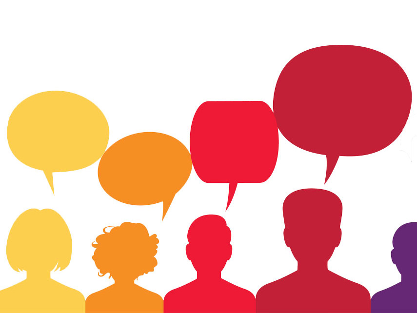 illustration of silhouettes of people and speech bubbles in yellow, orange, red, dark red, and purple