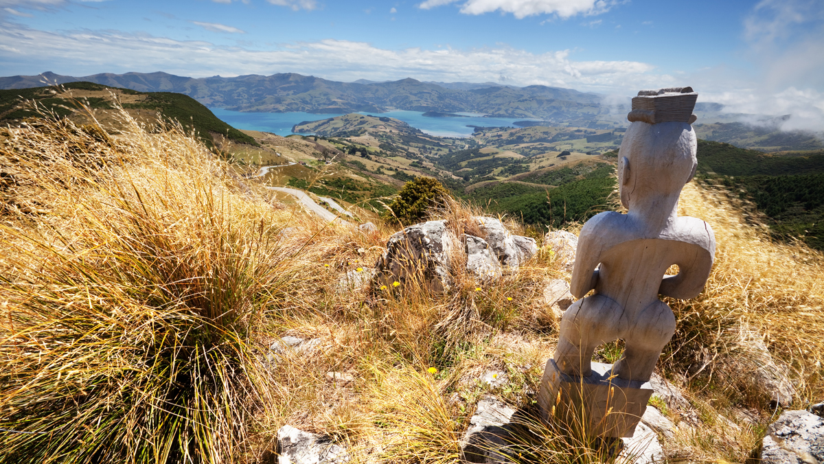 Maori God overlooking Akaroa Harbour, New Zealand