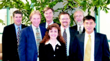 Fig. 2—Texas A&M’s Project Bright Star Team led the presentation and negotiations with SureBeam. Shown from left are Lee Deviney, Assistant Commissioner, Finance & Agribusiness Development; Mark McLellan, Director and Professor, Institute of Food Science and Engineering; Alan Waltar, Professor and Department Head, Nuclear Engineering; Elsa Murano, Associate Professor of Animal Science and Director of the Center of Food Safety; Dale Whittaker, Professor and Associate Head of Agricultural Engineering; Leslie Braby, Research Professor of Nuclear Engineering; and Rudolfo Nayaga, Associate Professor of Agricultural Economics