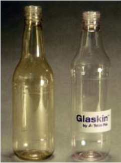 Fig. 2—Barrier polyester beverage bottles feature Sidel’s Actis interior carbon coating (left) and Tetra Pak’s Glaskin interior silicon oxide coating.