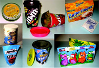 A variety of packages for confectionery. Clockwise from top left: (1) Altoids sour sugar candy in slip-top embossed register printed metal can; (2) M&M’s chocolate candies and Skittles in thermoformed plastic travel cups; (3) Nestlé Butterfinger as an instant coffee product, repesenting brand equity transferred to another corporate product; (4) molded cheese spread using printed shaped aluminum foil as the mold (did the cheese animals imitate the chocolate bunny, or is this another opportunity for candy packaging?); (5) Nabisco Go-Pack, a portable package for small cookies (Mini Oreos), representing a substitute for traditional candies; (6) Almond Joy bites in standup flexible pouch; and (7) Kellogg’s Snackums, a substitute product/package for candy offered by the cereal company in a spiral-wound composite paperboard canister.