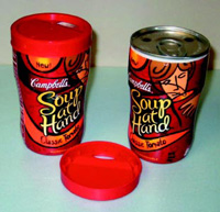 Clockwise from top left, (A) Campbell’s single-strength soup in multilayer barrier can with easy-open metal end closure, designed for microwave heating and portability—an alternative to condensed soups in cans and single-strength soups in cans, glass jars, polyester jars, etc.