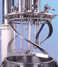 The Vertical Helical Agitator promotes excellent top-to-bottom and radial circulation throughout the batch in a Ross Multi-Agitator Mixer.