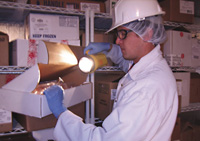 Auditor monitors the temperature of frozen finished product as a means of assuring food safety.