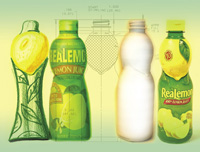 Steps in design of bottle for ReaLemon 100% Lemon Juice progressed from a rough sketch at left to a refined sketch, an industrial drawing, a 3-D model, to a final package.