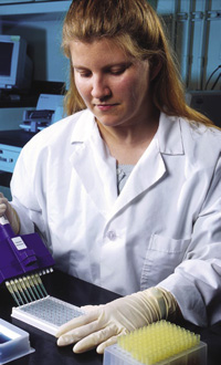 Lab technician adds sample to microwells to conduct an enzyme-linked immunoassay (ELISA) test.