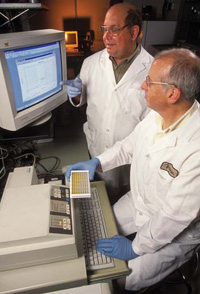 USDA scientists review results of a rapid immunoassay for sensitive detection of BSE.
