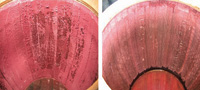 A 5-year-old wine barrel is pictured before (left) and after cleaning by the Cavitus high-power ultrasonic device.