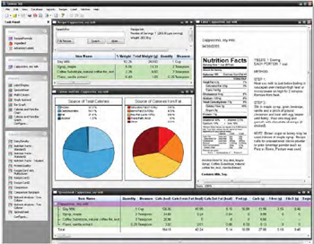 Computer-screen capture for a soymilk cappuccino product produced by the Genesis SQL software shows the variety of data available and potential Nutrition Facts panel. 