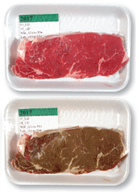The color of beef steak changes during simulated retail display testing.