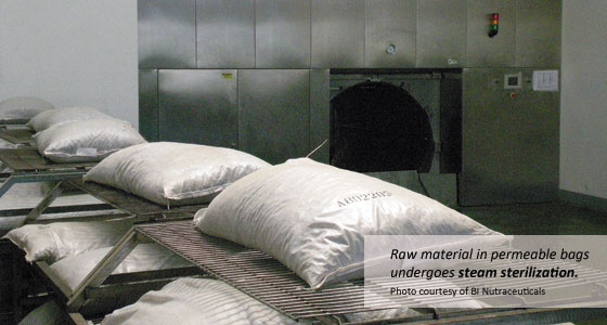 Raw material in whole form is loaded into bags made of special, perforated material before it undergoes steam sterilization in order to maximize the microbiological load reduction.