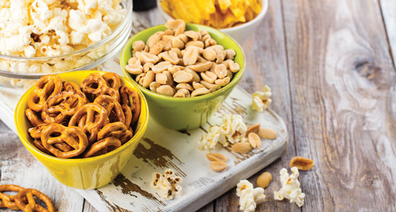 Popcorn, pretzels, peanuts and potato chips