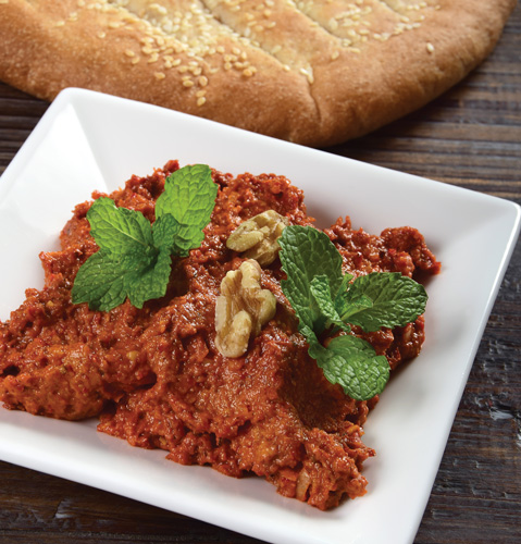 Muhammara is a dip made with Aleppo pepper and walnuts.