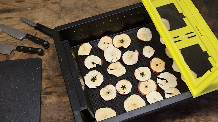 Apple slices are dried in the Dehytray unit.