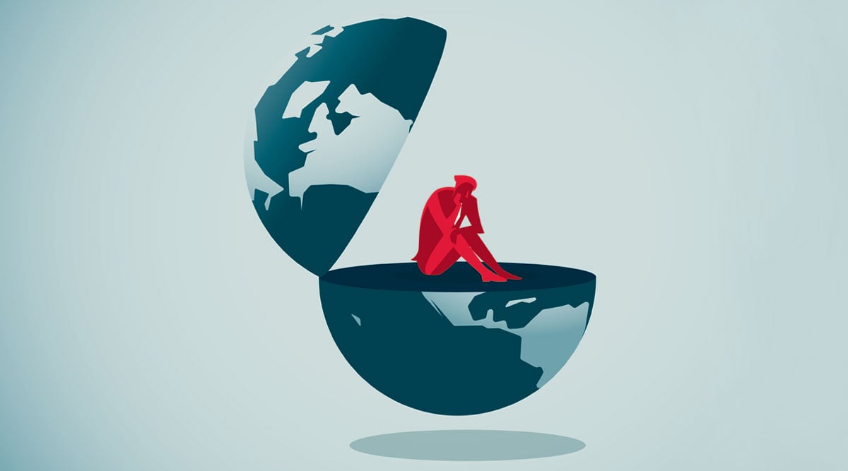 Anxious figure sitting in a globe