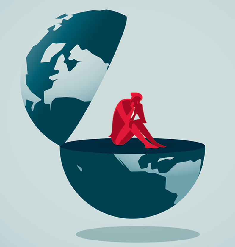Anxious figure sitting in a globe