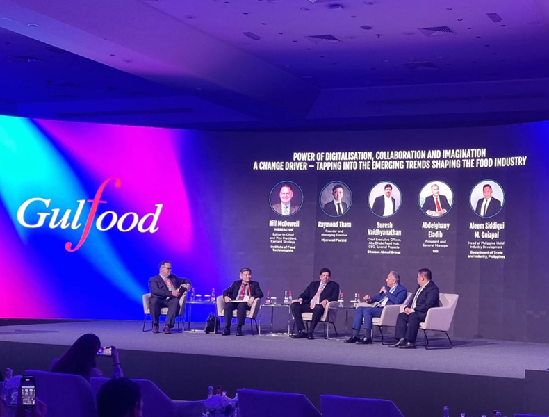 Bill McDowell, editor-in-chief, Food Technology magazine (far left), moderated a Gulfood Inspire conference panel discussion focused on digitalization, collaboration, and imagination with (from left) Raymond Tham, founder and managing director, Mycrocell; Suresh Vaidhyanathan, CEO, Abu Dhabi Food Hub and CEO, specialty projects, Ghassan Aboud Group; Abdelghany Eladib, president and general manager, SIG, IMEA; and Aleem Siddiqui M. Guiapal, head, Philippine Halal Industry Development, Philippines Department of Trade and Industry.