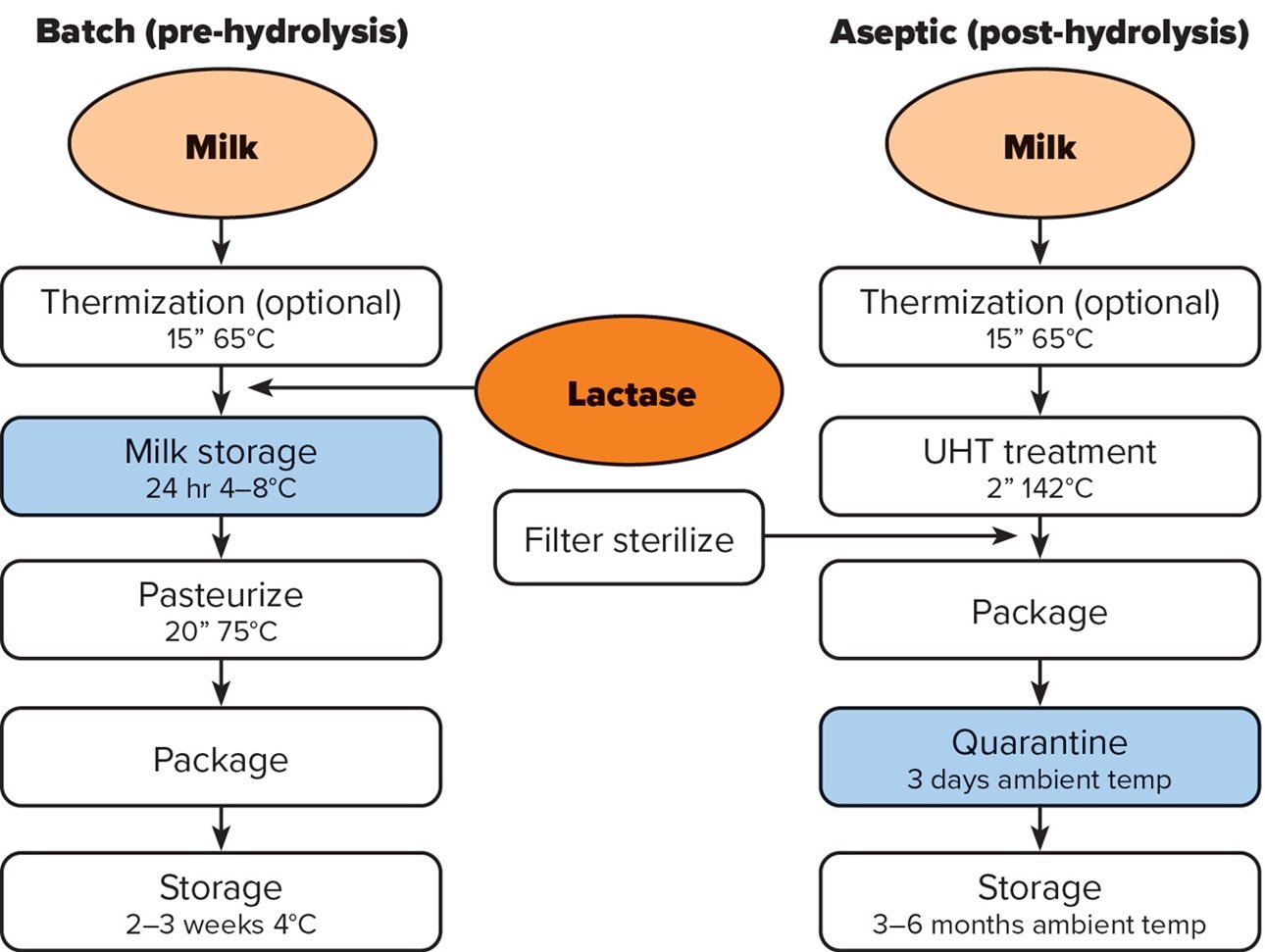 Figure 1. A schematic representation of the batch (left) and aseptic (right) processes that are used to produce lactose-free milk.