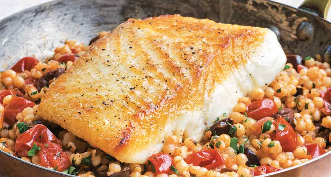 Pan-Seared Halibut with Tomato Basil Couscous