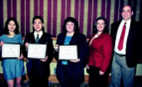 Shown from left are Zhang, Li, Phillips, Betsy Booren (Division student representative), and Fred Bender (Rhodia Foods representative)