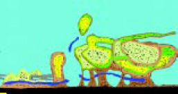 Fig. 2—Conceptual model of a biofilm developed using confocal scanning electron microscopy. The model shows bacterial cells in discrete microcolonies (black dots) embedded in a polymer matrix permeated by open channels. Adapted from Anonymous (1994).