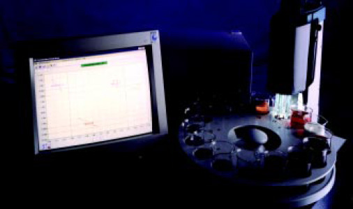 Fig. 1—The Astree electronic tongue system includes sensors and associated interface electronics, pattern-recognition software and instrument control on a personal computer, and a 16-position autosampler