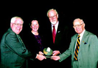 From left, Kenneth Quinn, President of the World Food Prize Foundation; Rebecca Goldburg, Senior Scientist, Environmental Defense; Per Pinstrup-Andersen, World Food Prize Laureate; and Norman Borlaug, Nobel Peace Prize Laureate