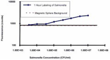 Fig. 6—Detection of Salmonella typhimurium with the immunomagnetic focusing biosensor. From Pivarnik et al. (1999)