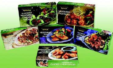 Fig. 14—A variety of gourmet meals are offered in the Vegetarian Plus low-fat, high-protein line of vegetarian “meats” and “fish.”