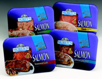 Fig.4—Morey’s Seafood is making it easy for consumers to cook salmon and other fish more easily by marinating and adding a pop-up timer and a disposable tray suitable for broiling, baking, or microwaving.