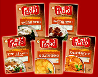 Fig. 6—A variety of refrigerated potatoes from Purely Supreme Foods are ready for microwave heating and serving.