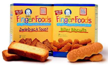 Fig. 3—Snacking items such as Gerber Finger Foods offer good nutrition and variety and help older infants and toddlers learn to self-feed and chew.