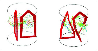 Fig. 5—Distributive mixing study between straight (left) and twisted (right) blade geometries. The trajectories of a large number of tracer particles are computed to assess the performance of each mixer.
