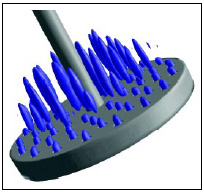 Fig. 8—Isosurface of constant velocity magnitude of 1.5 cm/sec showing the formation of jets during the downward stroke of the vibromixer shown in Fig. 7.