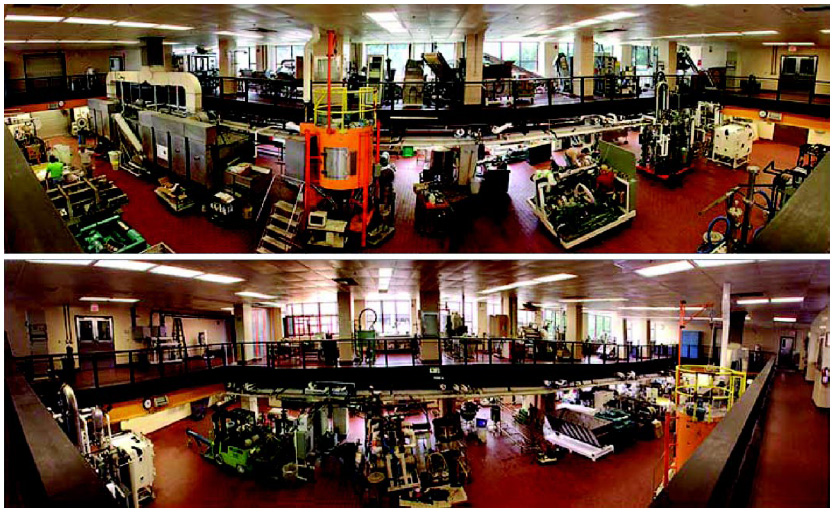 Fig. 4—Panoramic view of the modern pilot plant at ERRC. Top photo shows East view, and bottom photo shows West view. The Center of Excellence for Extrusion and Polymer Rheology is housed on the lower level. Composite photos by Paul Pierlott.