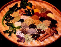 A variety of fresh and dried spices from around the world provide flavor, color, and texture to ethnic dishes.